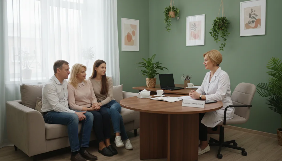 Родственники на консультации с врачом, кабинет нарколога, спокойная обстановка